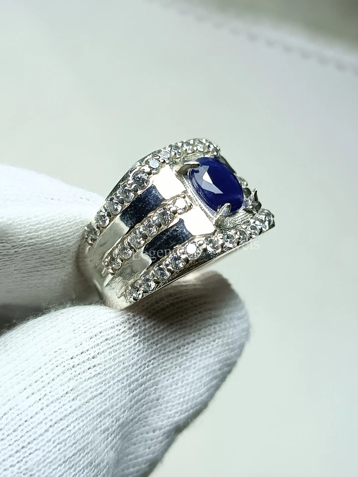 Natural Blue Sapphire Ring 925 Silver Plated Ring For Men's Engagement Ring - Image 2 of 4