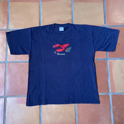 T-shirt Vintage Homme XL – Bleu, Homard Brodé, Manches Courtes, Look 90s