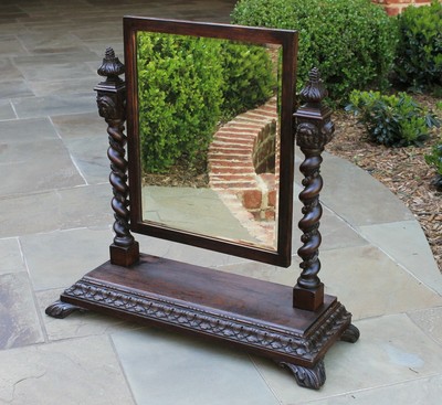 Antique English Barley Twist Mirror Gothic Oak Tilting Dresser