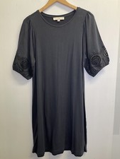 Loft Gray Jersey Dress Eyelet Puff Sleeves Women’s Size M Knee Length Shift