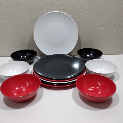 Melamine Plates Bowls Set of 12 Red Black White Independent Studios