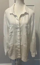 SAKS FIFTH AVENUE Womens Linen Button TOP Long Tab Sleeve WHITE/Beige Size XL