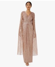 Adrianna Papell Rose Gold Sequin Beaded Cape Long Dress Size 16 New $379