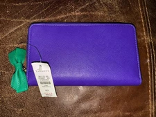 TALBOTS NEW W/TAG $69.50 Bow PRINTED SAFFIANO LEATHER ZIP AROUND WALLET Purple