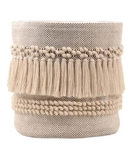 Transpac White Tassel Cotton Textured Basket TE00198 New With Tags