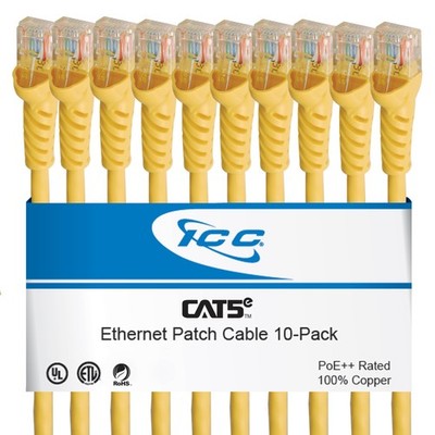 ICC CAT5e Ethernet Patch Cord 1 FT 10-Pack, UTP 24 AWG UL 1 FT, Yellow