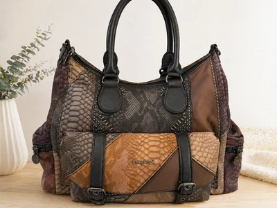 Grand Sac à main Desigual NEUF, simili cuir patchwork effet python marron noir - Photo 1/4
