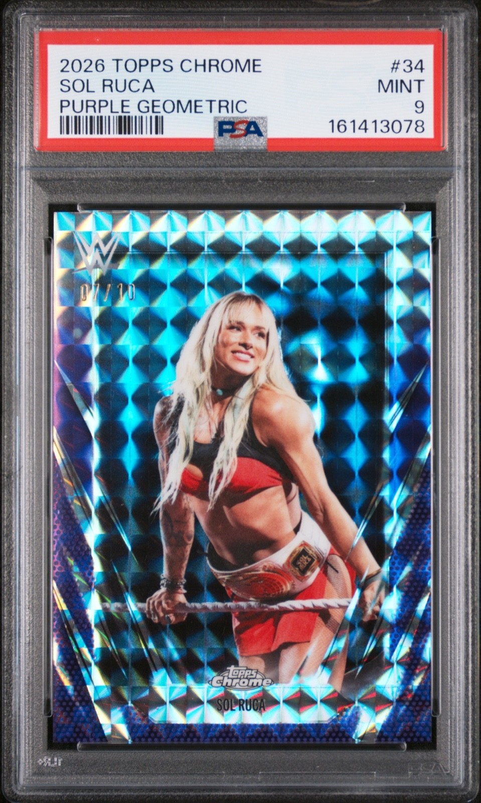 2026 Topps Chrome WWE Sol Ruca #34 Purple Geometric Refractor #d 07/10 PSA 9