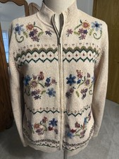 Vintage Alfred Dunner Sweater Size M Hand Embroidered Zip Front