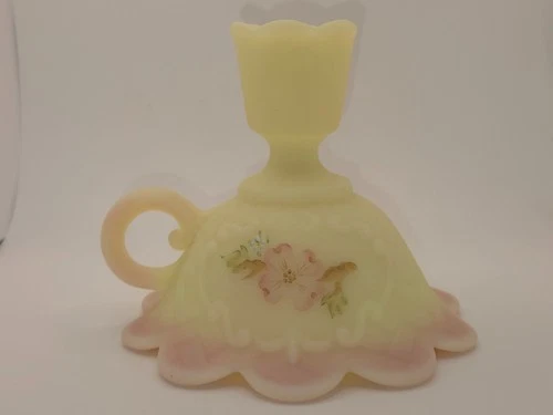 Vintage Fenton Hand Painted Satin Glass Candlestick Holder Signed C Smith Yellow