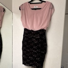 Sweet Storm Pink/Black Lace Sheath Knee Dress M Scoop Neck Cap Sleeve Pullover