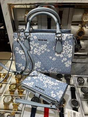 Michael Kors Marilyn Women Medium Logo Satchel Bag +Double Zip Wallet Pale Ocean