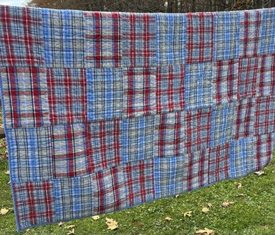 Pottery Barn Kids Twin Patchwork Madras Plaid Cotton Quilt Blue Red 84 x 70
