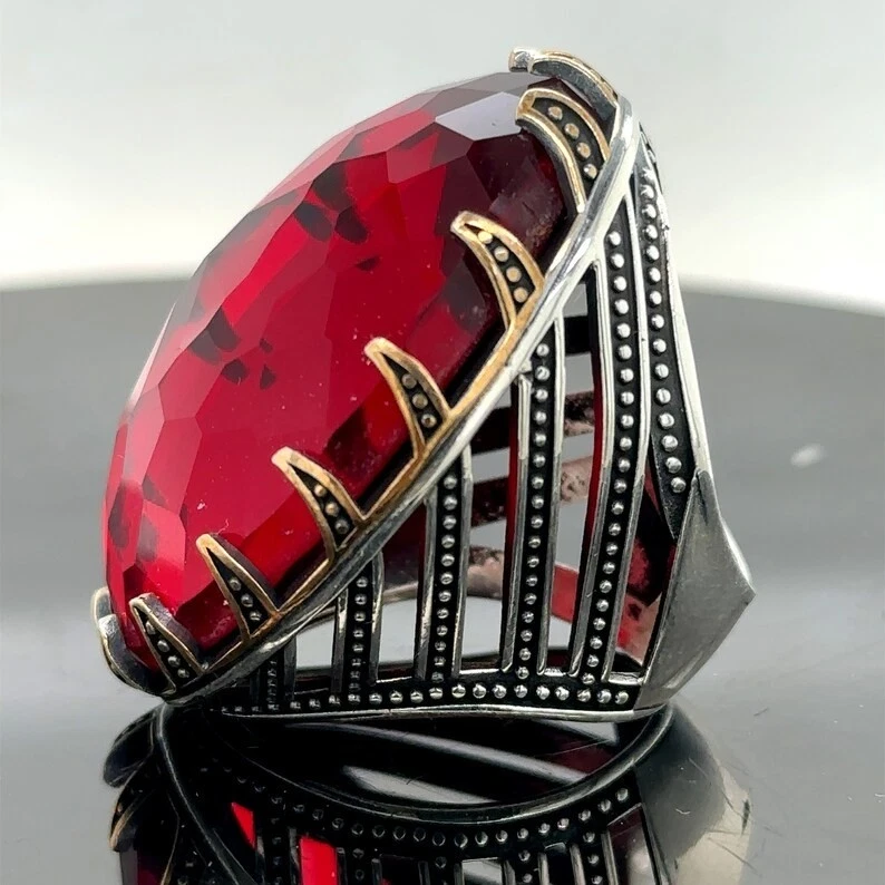 Anillo grande de piedra rubí hecha a mano para hombre 925 Foto 2 de 4