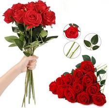 10 pcs Red Silk Roses Artificial Flowers Realistic Bouquet Home Decor Xmas Gifts