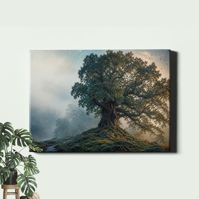 Ancient Oak Tree in Misty Forest Canvas Art Moody Woodland Landscape Scene