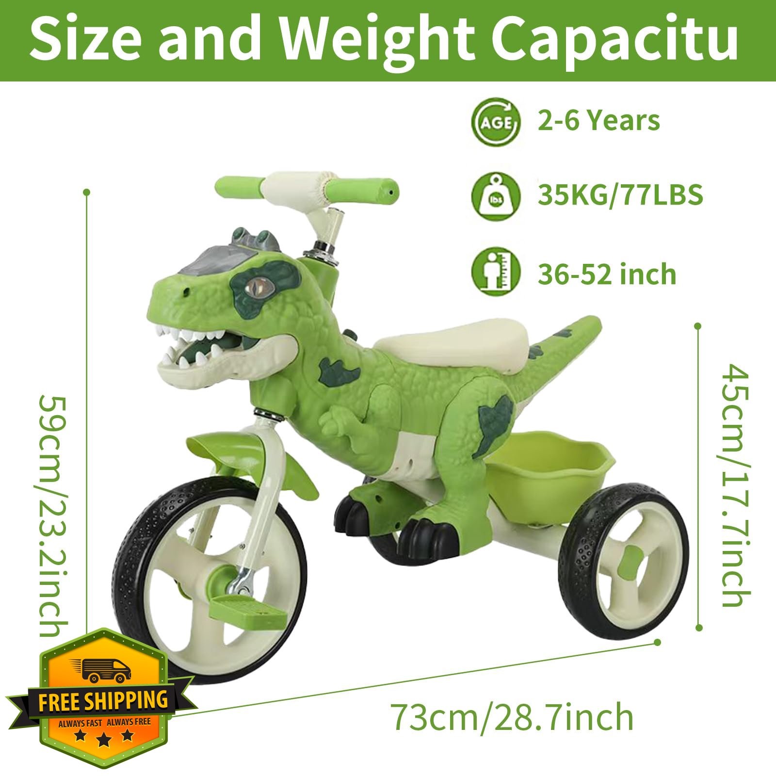 Kids Tricycle Green 40", Big Wheel Bike with Music for 3-7 Y