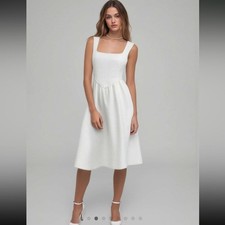 Cider Off White Tweed Square Neck Midi Dress Metallic Thread Size L NWT