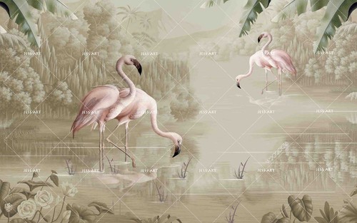3D Flamingo Forest River Watercolor Self-adhesive Removable Wallpaper Murals - Picture 5 of 11