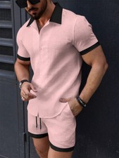 Mens Outfit 2-Piece Set Short Sleeve Button Down Shirts and Shorts Sweatsuit Set