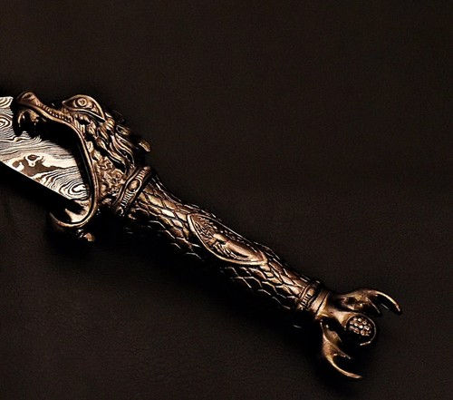 Handcrafted Damascus Steel Sword With Amazing Casted Metal Handle&Leather Sheath - Picture 6 of 7