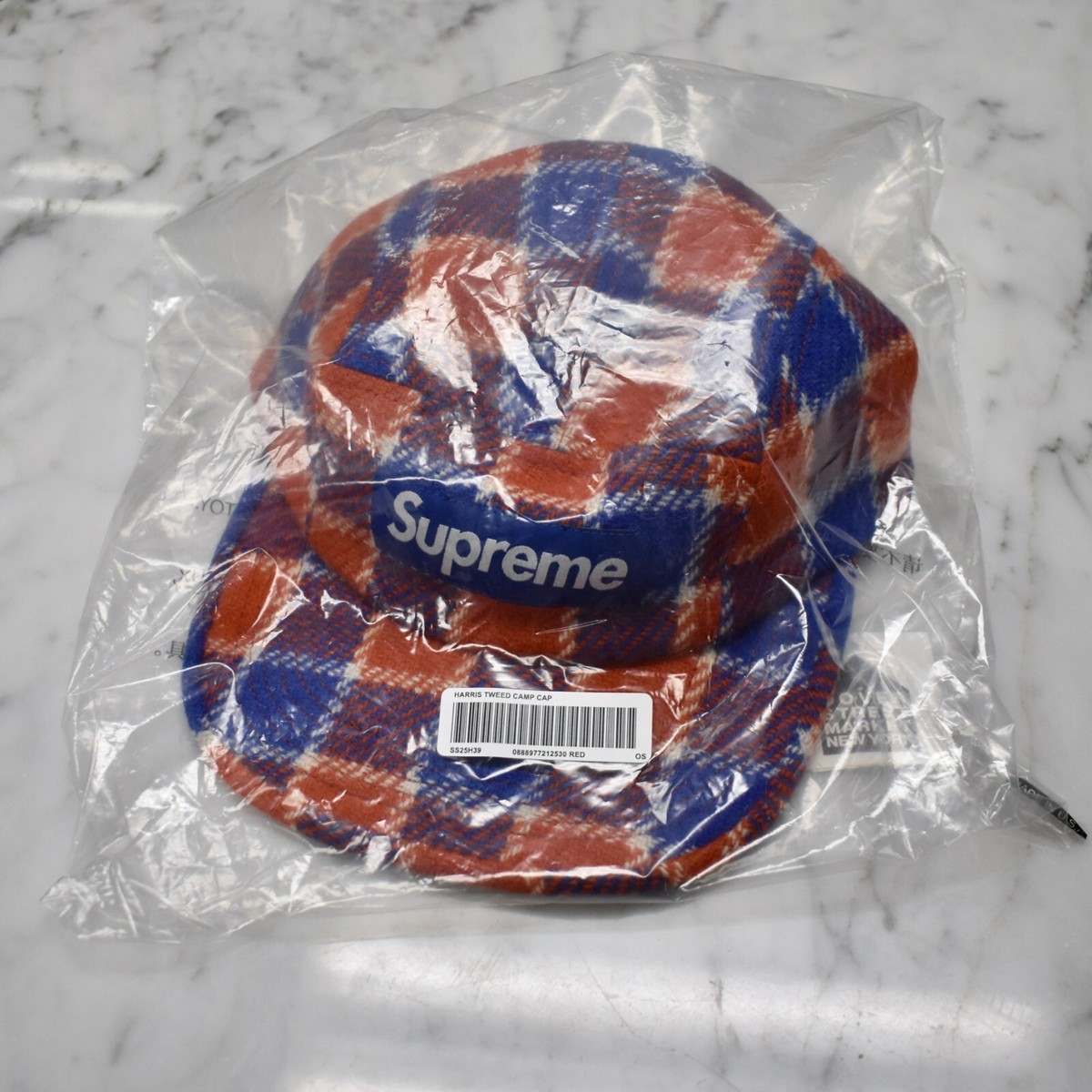 NWT Supreme Harris Tweed Box Logo Camp Cap Hat Red Blue SS25 Men's