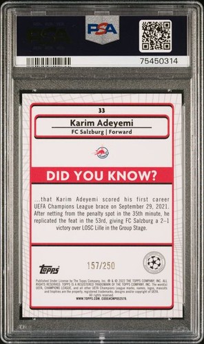 2021-22 Topps Merlin Chrome UEFA Karim Adeyemi Atomic Refractor /250 #33 PSA 8 - Picture 2 of 2