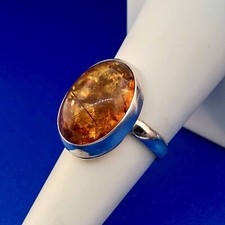 Designer Hallmarked 925 Sterling Silver Baltic Amber Oval Cabochon Fashion Ring