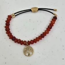 Fossil Tree Of Life Bracelet Orange Beaded Gold Tone Charm Adjustable Stretch