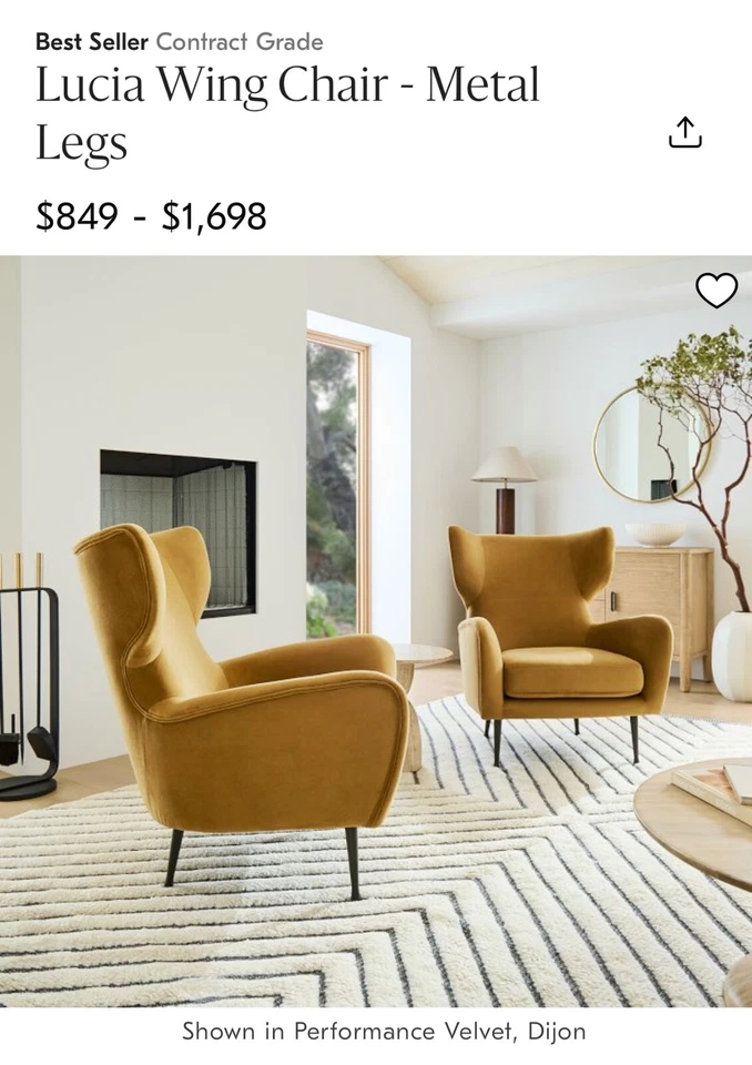 Silla de ala West Elm Lucia apenas usada - terciopelo de rendimiento Dijon Foto 2 de 4