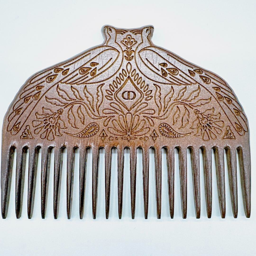 Christian Dior Hair comb Wood carving Brown CD Logo Peacock Flower