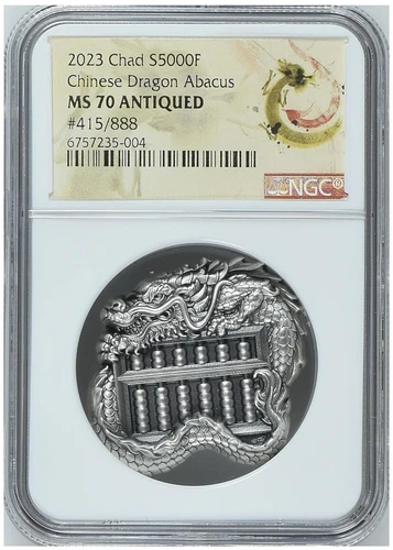 NGC MS70 2023 Chad Chinese Dragon Abacus Antiqued 1 oz Silver Coin - 888 Mintage