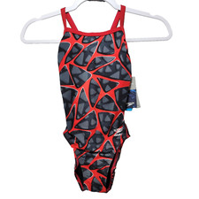 Speedo Swimsuit Youth 22 One Piece Endurance Flyback Racing Cut Abstract Red Blk