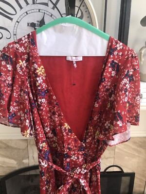$309 PARKER flutter sleeve wrap midi dress red floral sz S small | eBay