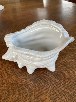 Vintage White Seashell Ceramic Planter Bowl Conch Shell Beach House Nautical