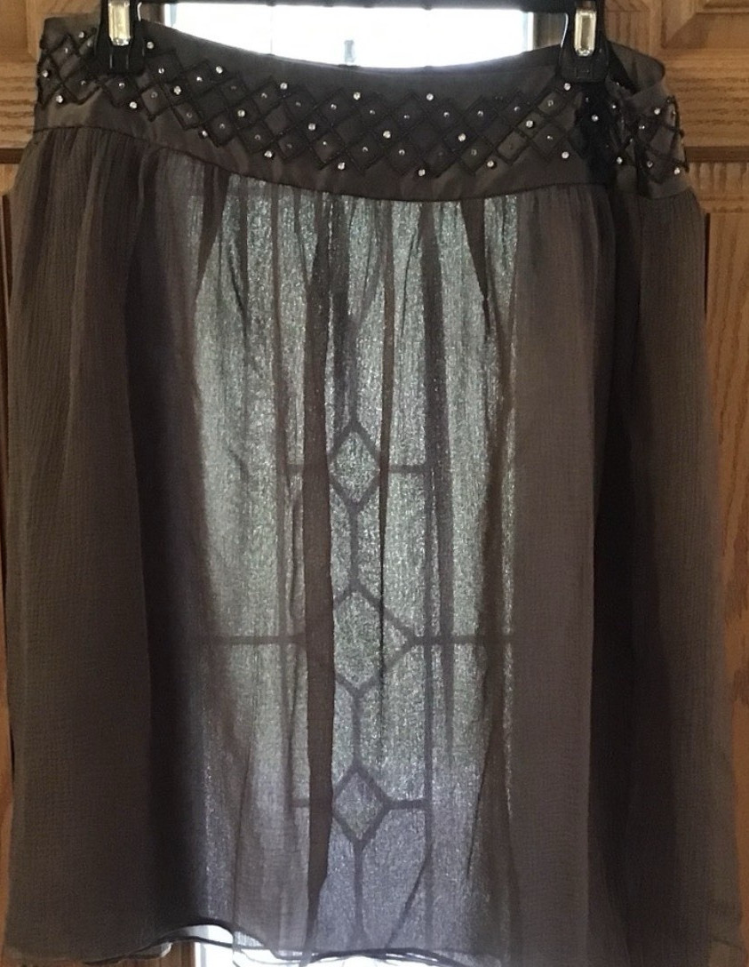 Calvin Klein Gray A-Line Knee Length Lined Beaded Silk/Poly Skirt Size 10
