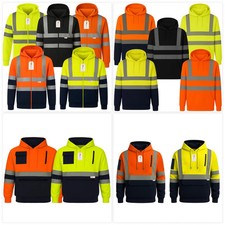 Men's Hi Vis Hoodie Zip Pullover Reflective Safety Sweatshirt Workwear PPE UK