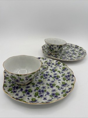 2 Vintage Lefton Hand Painted Bone China, Violet Chintz, Tea & Toast Sets