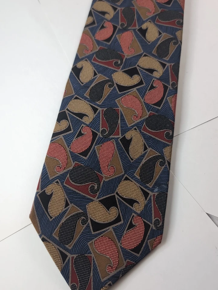Corbata vintage para hombre Giorgio Armani, negro azul rojo tostado patrón cachemira, 100 % seda Foto 2 de 4