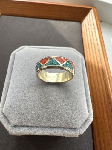 Navajo Turquoise & Coral Chip Inlay Silver Band Ring / Size 5