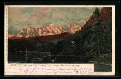 Künstler-AK Zeno Diemer: Wetterstein und Dreithorspitze vom Walchensee aus 1901 
