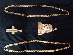 Authentic 14K Gold Plated Mariner Chains(2) & Hip-hop Jesus Charm and Crucifix Pendant Set