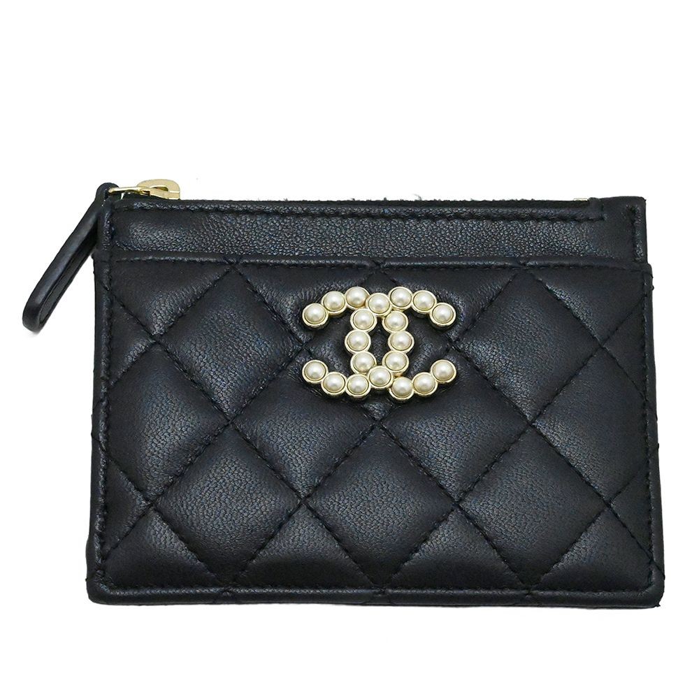 CHANEL Matelassé Lambskin Coco Mark Pearl Coin Card Case Compact Wallet Ladies