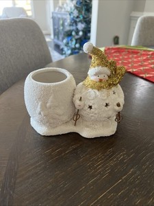 Yankee Candle Snowman Skier Poles Votive Tea Light Holder Textured Snow 6x6x3"