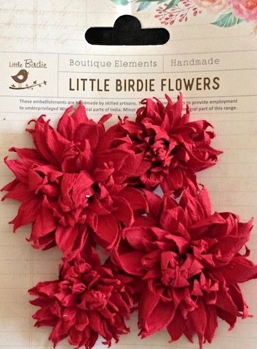 Little Birdie Chrissy Red Hand Made Paper Flowers 4 Pieces Birthday Card Making