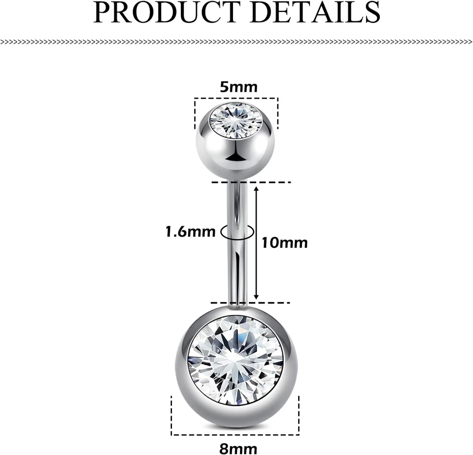 Piercing Ombelico,6Mm 8Mm 10Mm 12Mm 14Mm 16Mm Piercing Ombelico Titanio Argento - Immagine 3 di 4
