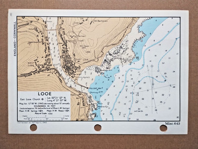 Looe, Cornwall - 1943 Vintage Admiralty Royal Navy Map (Seller Ref E5)