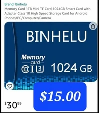 Memory Card 1TB Mini TF Card 1024GB Smart Card with Adapter Class 10.
