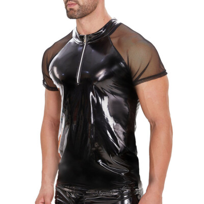 Men's Shiny PU Leather T-Shirt Glossy Latex Front Zipper Short-sleeved Slim Tops