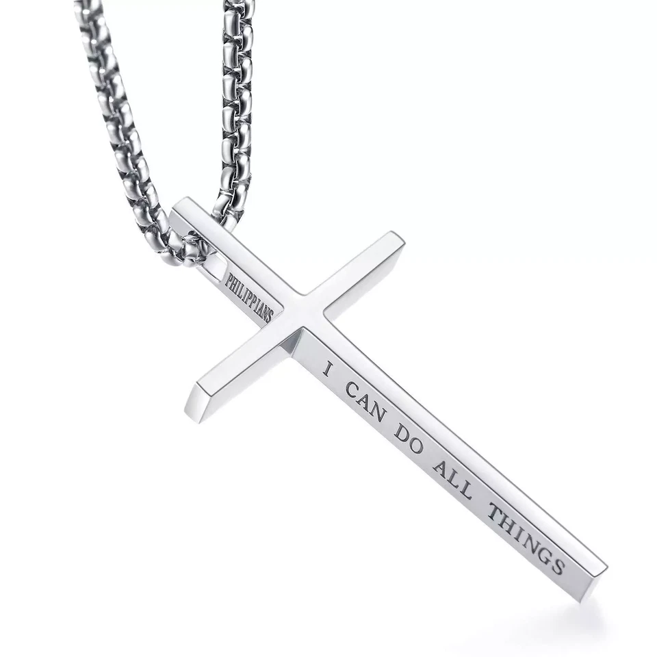 Men Women Cross Necklace Stainless Steel Christian STRENGTH Pendant Chain 24" - Image 2 of 4